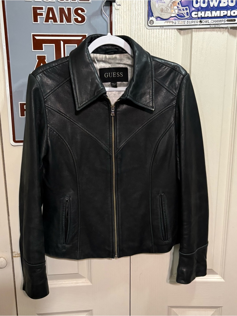 GUESS Classic Black Leather Jacket - Women's Zip Front Coat - Picture 2 of 9